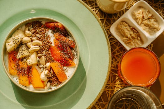 bowl of oatmeal topped with fruits