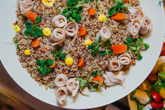 A delicious quinoa salad topped with veggies